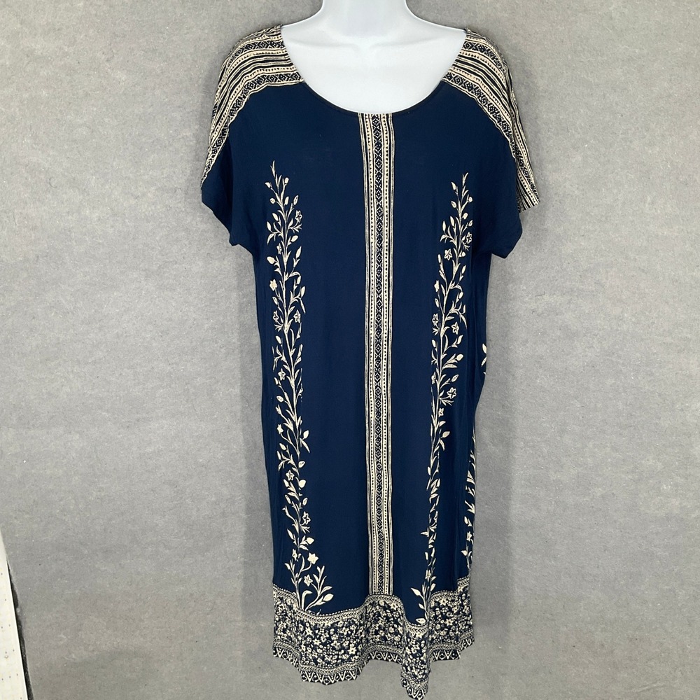 Lucky Brand Dress Women's Sz M Navy Blue Floral Stretchy Short Sleeve Bohemian